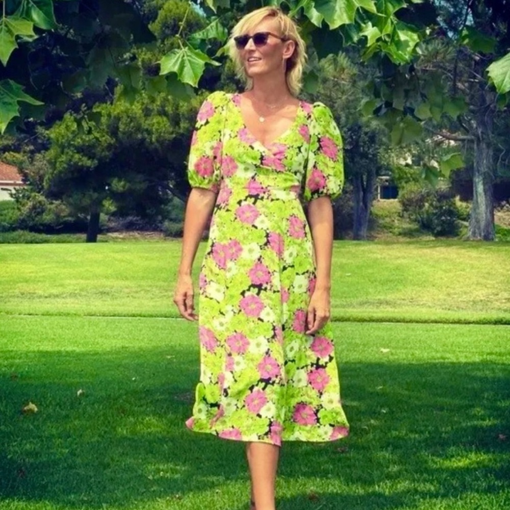 Wayf Vibrant Green and Pink Floral Midi Dress